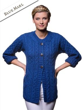 Merino Sweater Irish Wool Kilronan Knitwear L Cable Knit Blue Cardigan Cozy